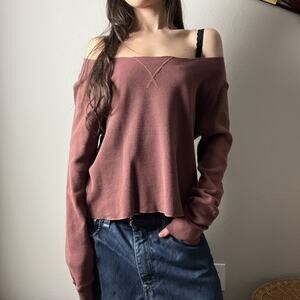 mate the label red brown cotton off shoulder boxy oversized thermal top